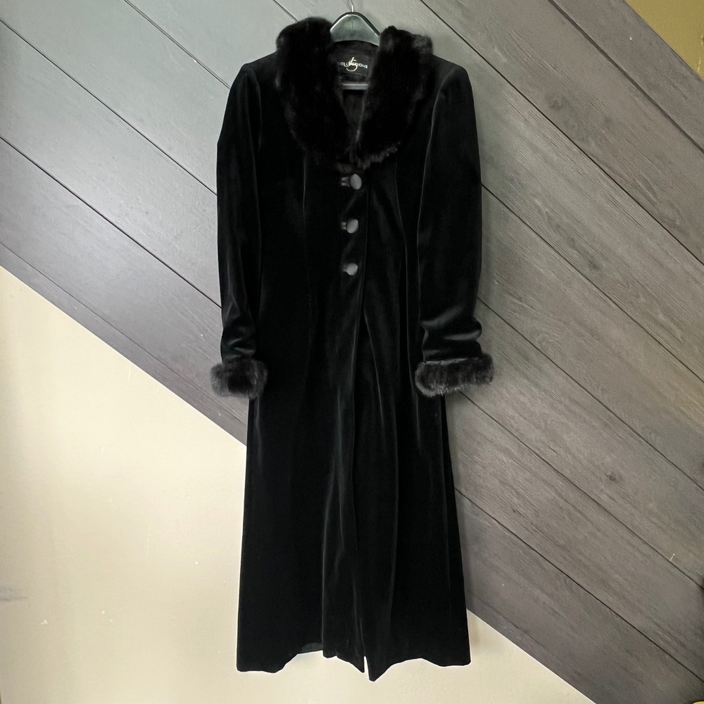 JS Collections Womens Black Velvet Duster Coat Faux Fur Trim Gothic Small